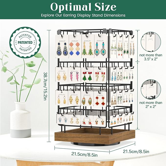 EsLuker.ly Rotating Earring Display Holder Stand for Vendors Events Selling, Large Capacity 64 Hooks Jewelry Rack with Wooden Base for Earring Card Sales, Enhances Retail Display Visibility