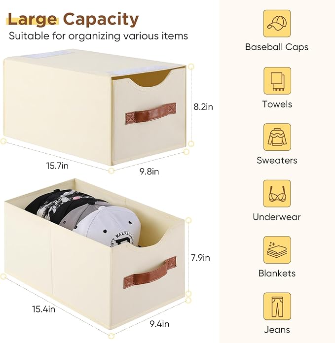 2 Pack Stackable Storage Drawers, Fabric Closet Organizers and Storage with Handles and Clear Window, Pull-Out Clothes Storage Bins with Drawer for Closet, Bedroom, Living Room, Under Bed, Beige