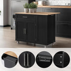 43.3" Rolling Kitchen Island Cart with Drop Leaf & Storage - Mobile Kitchen Organizer with Wheels, Rubberwood Top, Trash Bin Cabinet & Towel Rack, Farmhouse Style for Small Spaces Black