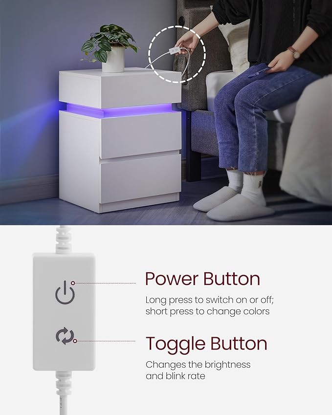VASAGLE Nightstands with LED Lights, Set of 2, Adjustable Light Colors, Bedside Tables, Side Tables with 3 Drawers, Modern Style, 13.8 x 15.7 x 21.7 Inches, Cloud White ULET799T12