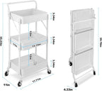 Foldable 3 Tier Metal Utility Rolling Cart, Folding Mobile Multi-Function Storage Trolley Organizer Cart for Home Library Office(White)