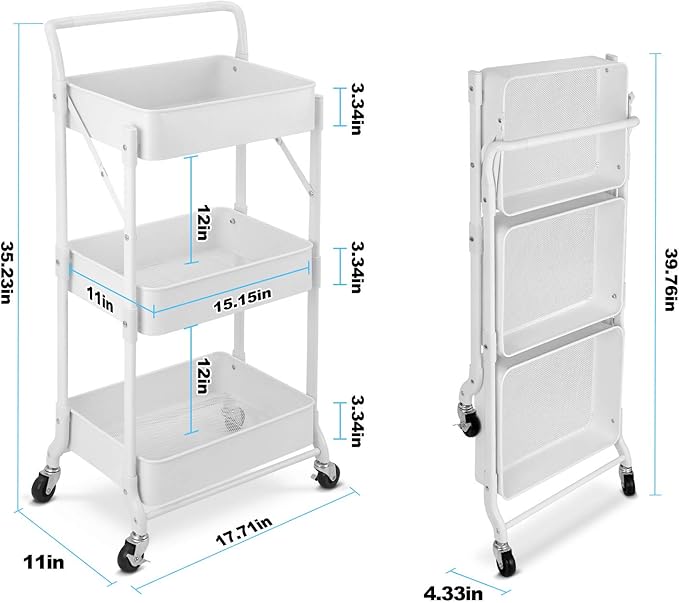 Foldable 3 Tier Metal Utility Rolling Cart, Folding Mobile Multi-Function Storage Trolley Organizer Cart for Home Library Office(White)