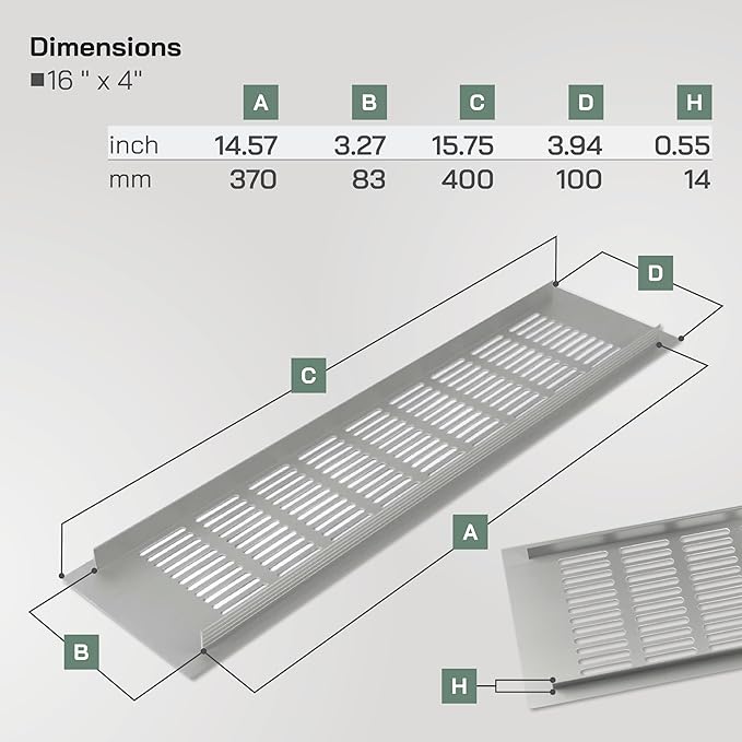 Vent Systems 15.75 x 3.94 (Outer Size) Air Supply Ventilation Grille - Pack of 2 - Silver Aluminum Rectangle Intake/Exhaust Door Vent Deflector - HVAC for Home Improvement Floor, Wall Duct Cover