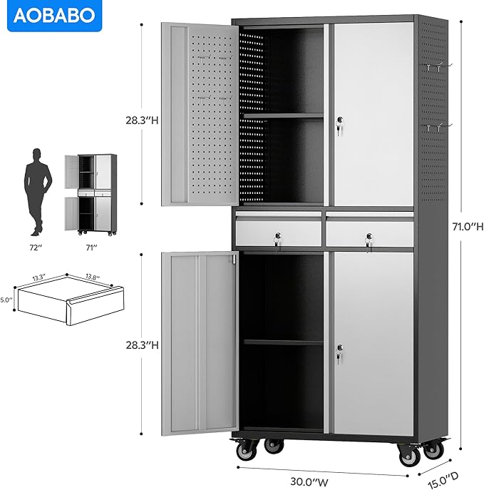Aobabo 71" H 2 Drawer Metal Storage Cabinet with Wheels and 4 Pegboards,Lockable Steel Garage Storage Cabinet with 2 Adjustable Shelves,Black Sliver,Assembly Required