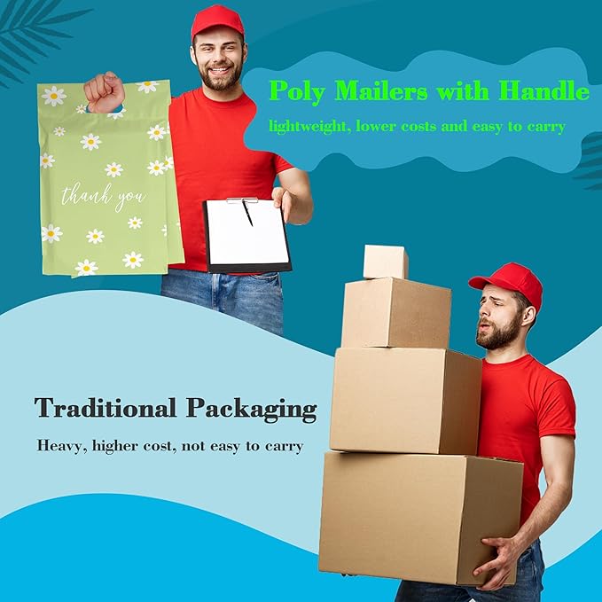 JinRuiKJ Poly Mailers with Handle 10x13 Inch 25 Pcs, Easy to Carry Packaging Bags for Small Business, Thank You Shipping Bags with Self Adhesive Strip, Tearproof and Waterproof - Chrysanthemum