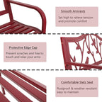 MFSTUDIO 50" Outdoor Red Garden Bench, Steel Metal Frame Patio Park Bench with Bird Pattern Backrest for Porch Backyard Lawn