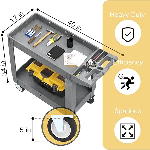 DWVO Utility Service Cart on Wheels, 550 lbs Capacity, 40 x 17 Inch Rolling Work Carts with Wheels, 2 Shelf Heavy Duty Plastic Cart Suitable for Warehouse, Garage, School & Office, Cleaning, Gray