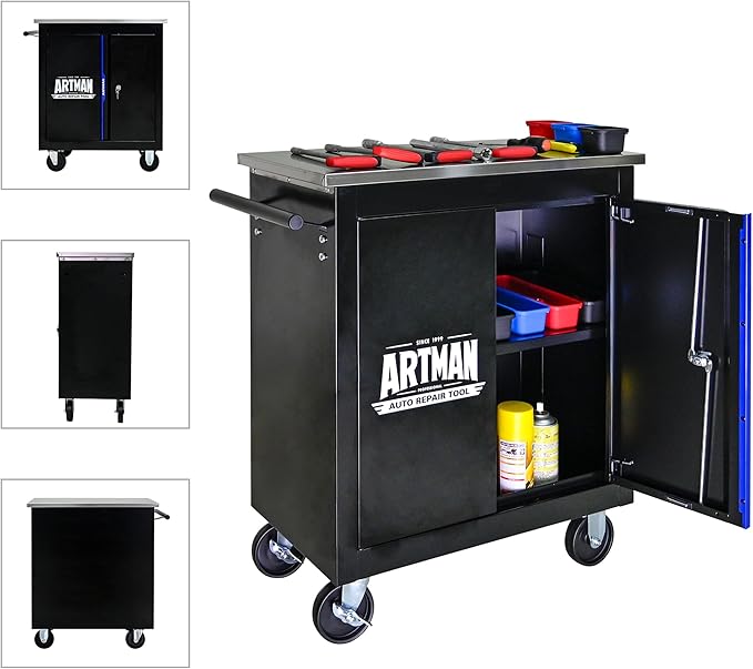 Rolling Tool Chest with 2 Doors and Adjustable Shelves, 25.9" D Movable Lockable Tool Cart Multi-Functional Hardware Storage Cabinet Box Auto Repair Locker
