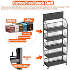 5 Tier Supermaket Snack Rack Heavy Duty, Rolling Retail Display Stand with 15 Hooks & Soild Panel Shelves, Multifunctional Metal Snack Shelf for Store Business