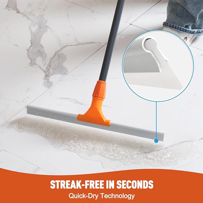 Silicone Floor Squeegee for Shower Glass, Floor, and Garage - Heavy-Duty Pet Hair Remover, Bathroom Tile Cleaner, Window Wiper - Flexible, No Streaks, Compact Storage