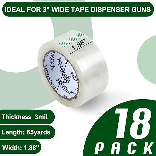 HERKKA Clear Packing Tape, 18 Rolls Heavy Duty Packaging Tape for Shipping Packaging Moving Sealing, 3 Mil Thick Clear Packing Tape, 1.88 inches Wide, 65 Yards Per Roll, 1170 Total Yards