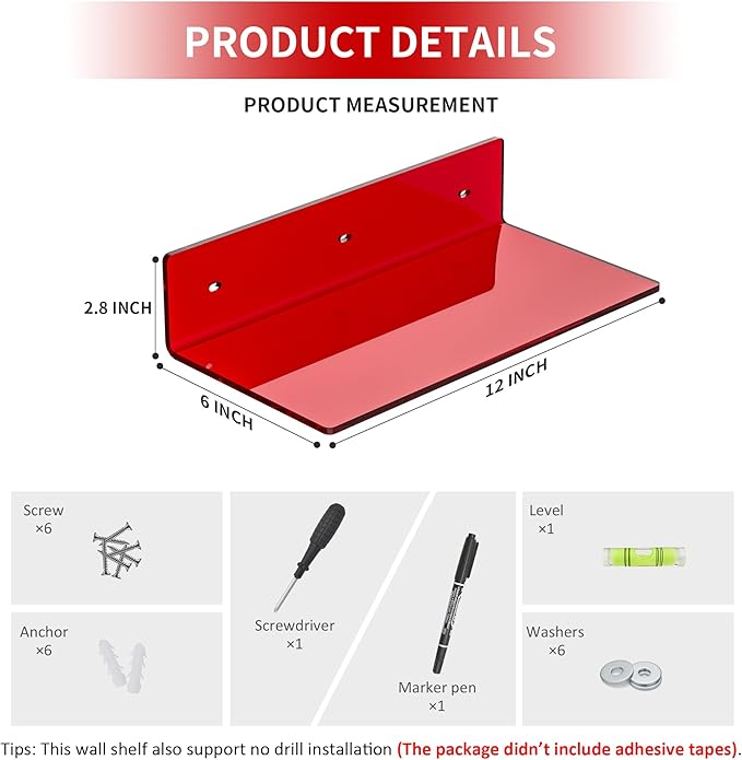 12 Inches Red Small Wall Shelves, Acrylic Bathroom Floating Shelves for Living Room, Bathroom, Bedroom, 2 Pack