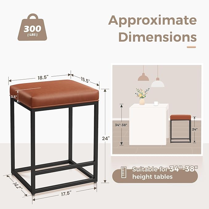 MAISON ARTS Counter Height 24" Bar Stools Set of 2 for Kitchen Counter Backless Modern Barstools Industrial Upholstered Faux Leather Stools Farmhouse Island Chairs, (24 Inch, Brown)