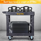 ELAFROS Heavy Duty Plastic Utility Cart 34 x 17 Inch - Work Cart Tub Storage W/Deep Shelves and 2 Fixed 2 Swivel Wheels Safely Holds up to 550 lbs - 2 Tier Service Cart for Warehouse,Garage, Black