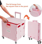 Folding Utility Cart Portable Rolling Crate Handcart Shopping Trolley Collapsible Tool Box, with Lid, Basket on 4 Rotate Wheels, for Grocery, Shopping, Office, Teacher (Pink)