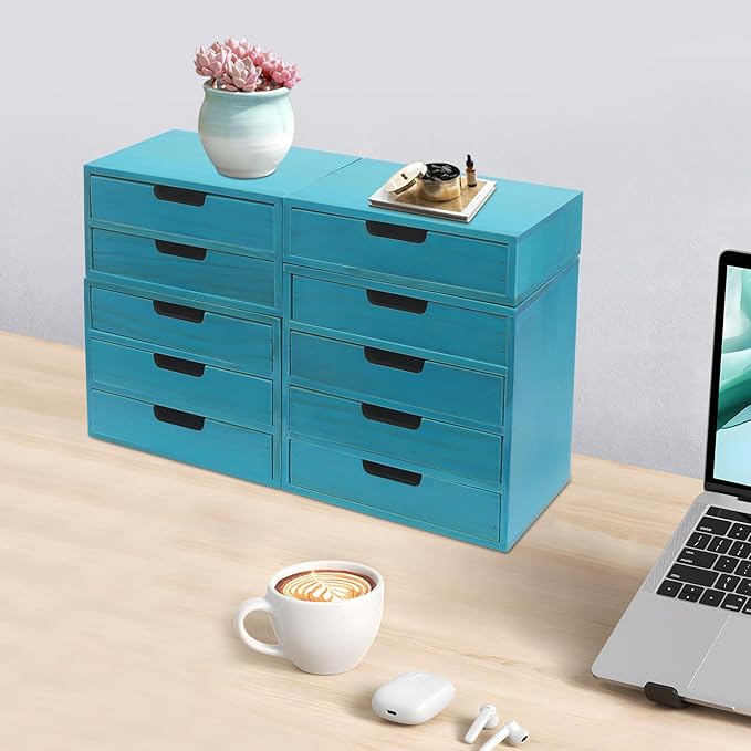 4-piece Drawer Cabinet, Organizer Sorter Container Keeper Unit Storage Box Stackable Chest Divider Shelf System with 10 Drawers & 4 Stackable Units for Home Office Study Room Dorm Bedroom(Blue)