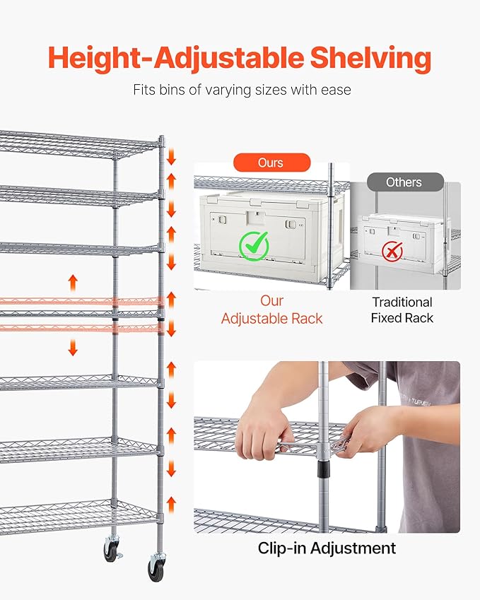 VEVOR 7-Tier Rolling Bin Storage Rack, 26 Organizer Bins, Bin Rack Storage Steel Wire Shelving System with Wheels, Mobile Tool Organizer for Garage, Warehouse, Office, Restaurant, Classroom, Kitchen