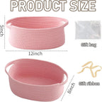Woven Basket,Small Rope Storage Bin with Handles & Ribbon Bag, Organizer for Shelves Closets,Gift Basket Empty for Birthday,Books,Dog Toys, Pink/2 Pack