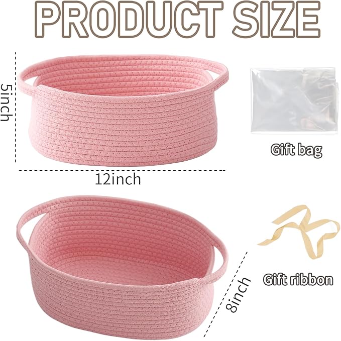 Woven Basket,Small Rope Storage Bin with Handles & Ribbon Bag, Organizer for Shelves Closets,Gift Basket Empty for Birthday,Books,Dog Toys, Pink