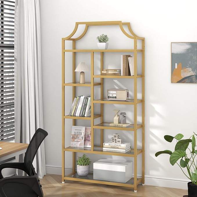 Loomie 8-Open Shelf Bookshelf, 70.87" H x 31.5" L Lux Etagere, Tempered Glass Bookcase, Tall Storage Display Modern Open Book Case for Bedroom, Home Office & Living Room, Gold Finish & Glass Shelving