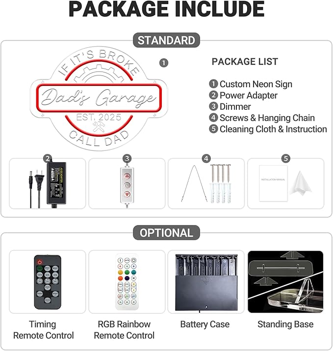 Personalized Garage Neon Sign for Wall Decor, Custom 3D Engraved Round LED Gear Garage Name Sign with Remote,Customized Dimmable Neon Lights for Garage, Workshop, Carport, Man Cave,Gifts for Men Dad