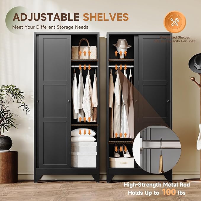 Letaya Metal Wardrobe Cabinets,68" Tall Armoire Wardrobe Closet with Sliding Barn Doors and Shelves,Large Coat Closet Cabinet with Hanging Rod,Clothing Storage Cabinets for Home Room (Black)