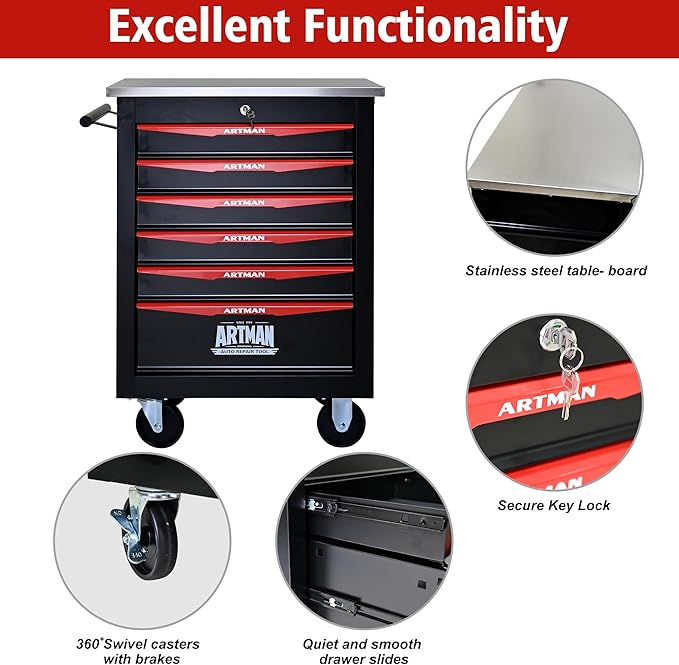 6 Drawers Tool Cart on Wheels with Stainless Steel Worktop, Heavy Duty Mobile Rolling Drawer Tool Chest with Locking Wheels & Lockable Drawers, Garage Tool Storage Cabinet (Black, 6 Drawers)