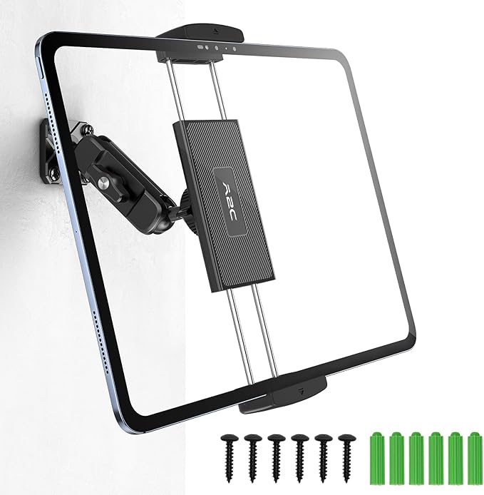 A2C for iPad Wall Mount, Heavy Duty Drill Mount Tablet Holder for Walls Kitchens, Metal Base & Arm 360° Adjustable Wall Mount for iPad Compatible with 4.7”-13” Devices