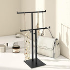 Purse Display Stand Jewelry Towers, Black Double T-Shaped Tabletop Stainless Steel Hook Hanging Adjustable Height Handbag Holder for Organizer Luxury Bags Necklaces Home Store Boutique Retail Closet