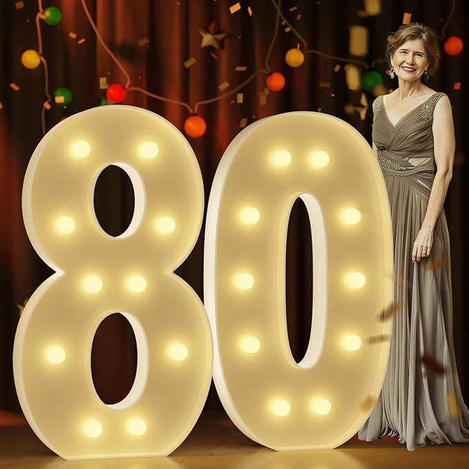 Marquee Numbers 4 Feet Tall Large Light Up Numbers 80th Birthday Decorations Women Men Big Yellow Light Outdoor Anniversary Decorations Balloon Arch Kit Party Backdrop 80