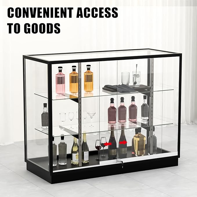 48”D * 20”W * 38”H - Freestanding Retail LED Full Vision Glass Display Case, Black Aluminum Frame, Two Adjustable Height Tempered Glass Shelves