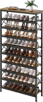 10-Tier Tall Shoe Rack Organizer, Wooden Shoe Storage for Closet Holds 40 Pairs, Sturdy Shoe Shelf with X-Shaped Metal Support, for Entryway, Bedroom, Rustic Brown and Black SS210BR
