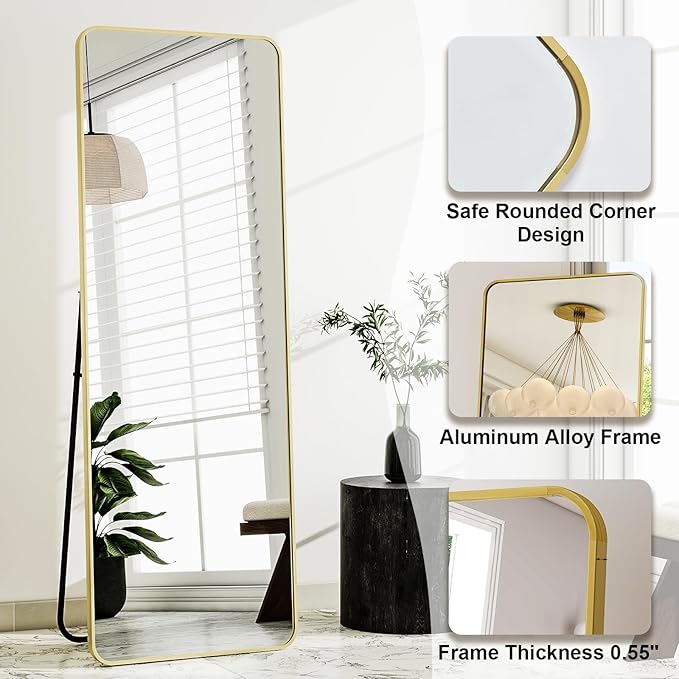 HARRITPURE 56"x21" Full Length Mirror, Gold Rounded Corner Aluminum Frame Floor Standing Mirror Hanging/Leaning Wall for Living Room Bedroom Cloakroom