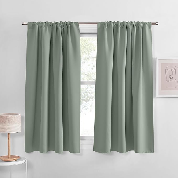 PONY DANCE Sage Green Blackout Curtains 72 inch Length - Rod Pocket Thermal Insulating Room Darkening Curtain for Bedroom, Light Green Drapes for Living Room, Wide 34 x Long 72 inches, Set of 2
