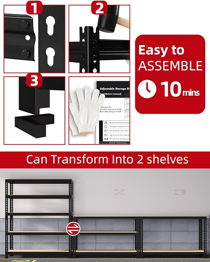 PrimeZone Heavy Duty Garage Storage Shelves - 48" W X 24" D X 72" H Adjustable Metal Shelving Unit, 5 Tier Industrial Shelves for Storage Standing Utility Rack for Warehouse, Basement, Black, 2 Pack