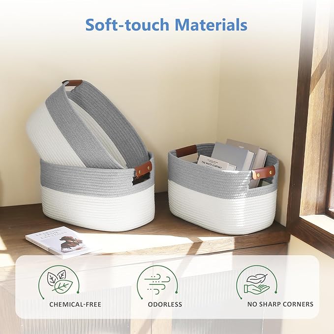 Cotton Rope Storage Baskets,15x10x9 in,Foldable Storage Bins, Decorative Woven Basket Cube Storage Organizer for Laundry, Towel, Clothes (White/Grey-3Pack, 15x10x9 inches)