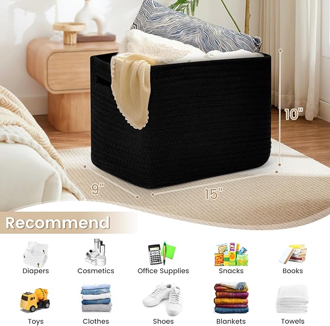 3 Pack Shelf Woven Storage Basket, 15 x 10 x 9” Closet Rope Baskets For Organizing, Square Bins with Handles, Black