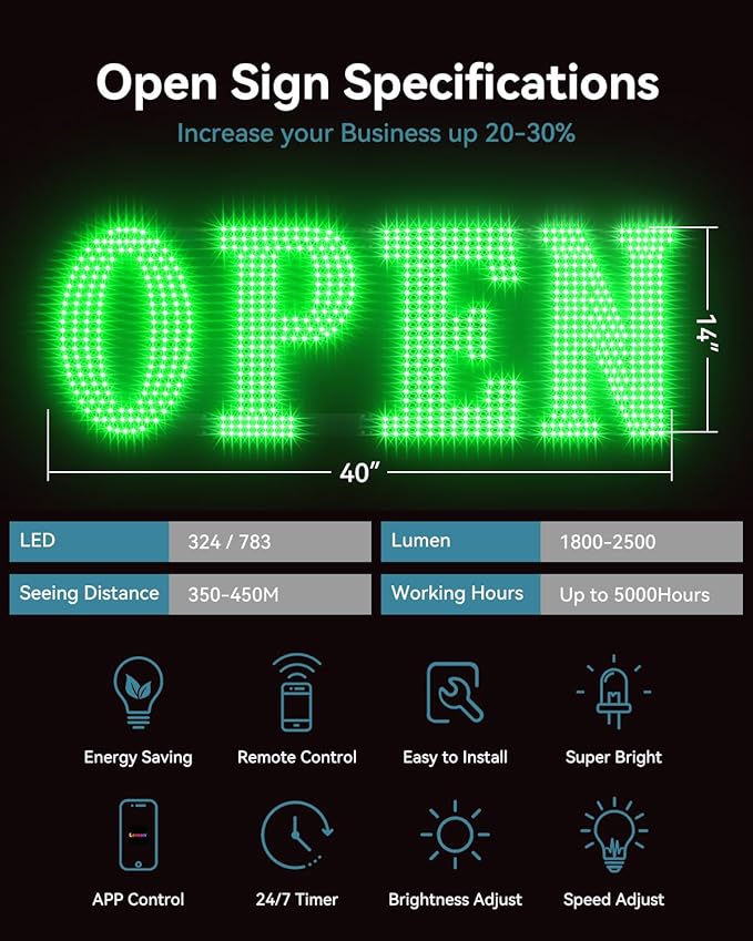 30"x10" Large LED Open Sign BT and Remote Control Open Signs Super Bright Dimmable Business Open Sign for Storefront Window Bar Salon Cafes Retail Shops Green