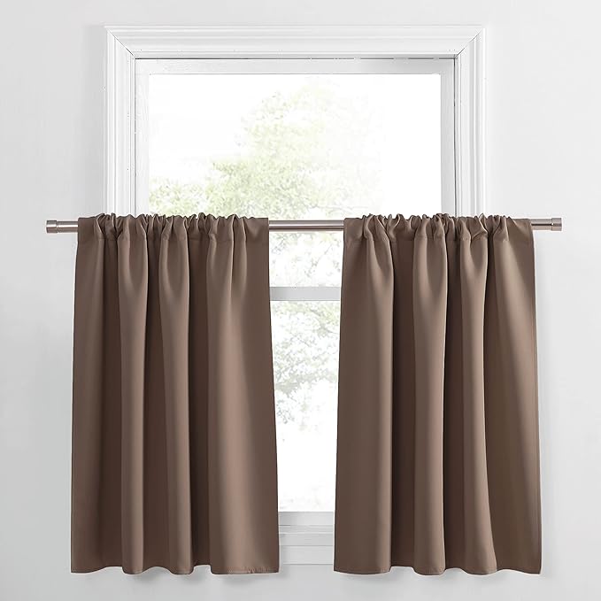 PONY DANCE Kitchen Curtains 36 inch Length - Window Treatment Tiers Blackout Rod Pocket Top Home Decor Small Drape Valances for Kitchen, 34-inch W x 36-inch L, Mocha, Set of 2