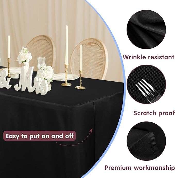 HolidayIdeas Fitted Black Tablecloths - 72 x 30 Inch - 6 Pack Rectangle Tableclothes for 6 Foot Tables, Polyester Fabric Table Cover for Parties, Holiday Dinner, Wedding, Trade Show