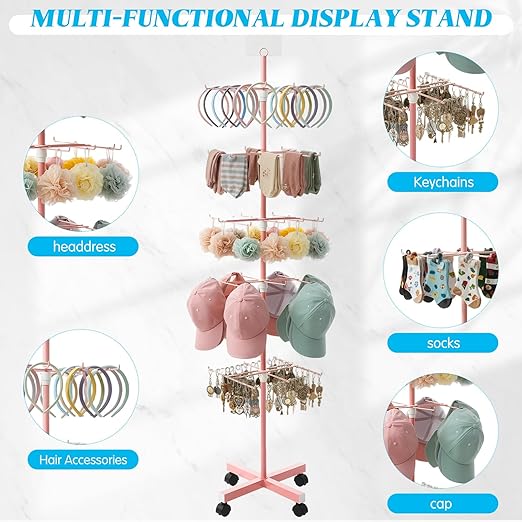 Ripeng 1 Pcs 5‑Tier Retail Display Stand – Rotating Display Rack with Wheels for Jewelry Keychains Socks Hats – Adjustable Movable Shop Spinner for Craft Shows Vendor Events & Stores Accessories, Pink
