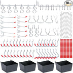 60 Assorted Pegboard Hooks with Pegboard Bins Plus 154 Peg Locks/Caps for 1/4 inch & 1/8 Inch Peg Board, Won’t Fall Out