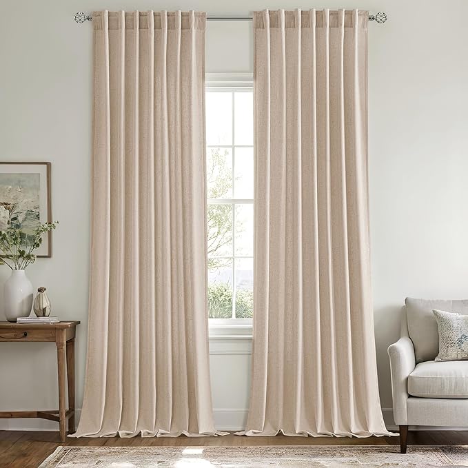 MIULEE Non-See-Through Privacy Linen Curtains 2 Panels, Light Filtering Window Curtains Farnhouse Textured Back Tab Semi Sheer Drapes for Bedroom Living Room, 52 x 90 Inches Long, Beige