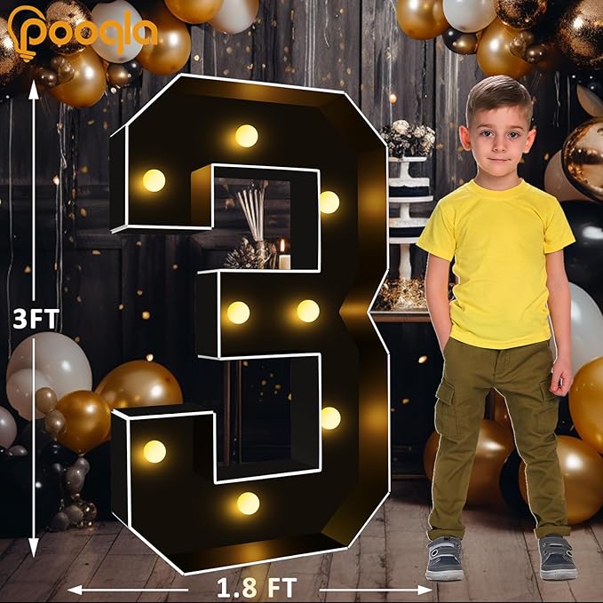 Pooqla 3FT Marquee Light Up Numbers, Black Lighted Party Decor for her him Women Men, Giant Mosaic Light Up Numbers for 3rd 13th 30th Birthday Anniversary Decoration, Number 3