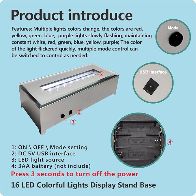 16 LED Light Display Stand Base for 3D Crystal Glass Art,Holiday Casual Atmosphere Ornament Lamp- 6 Inch Rectangular Illuminated Holder Colorful Lights (silver)