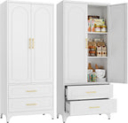 75" Kitchen Pantry Cabinet,Metal Storage Cabinets with 2 Drawers,Pantry Cabinet with Doors and Shelves,White Tall Storage Cupboard for Living Room, Dining Room Office