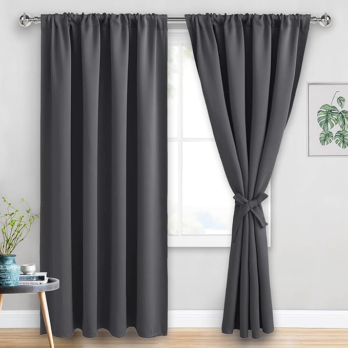 JIUZHEN Blackout Curtains for Bedroom - 60 Inch Extra Wide Thermal Insulated Room Darkening Privacy Soundproof Curtains for Living Room, Set of 2 Panels with Tiebacks, 60 x 84 inches, Dark Grey