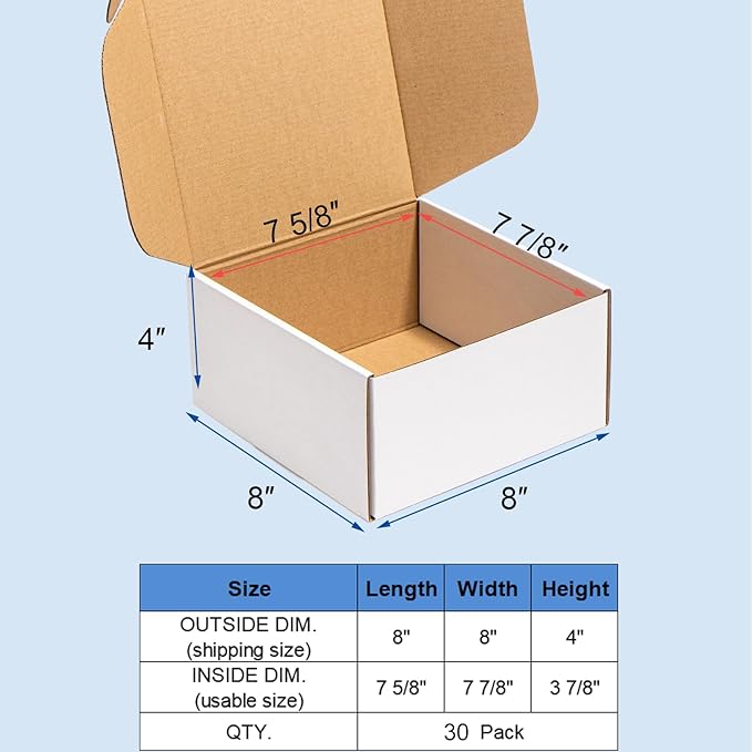 8x8x4" Shipping Boxes 30 Pack White Corrugated Cardboard Mailing Boxes for Small Business - Literature Mailer Packaging Supplies