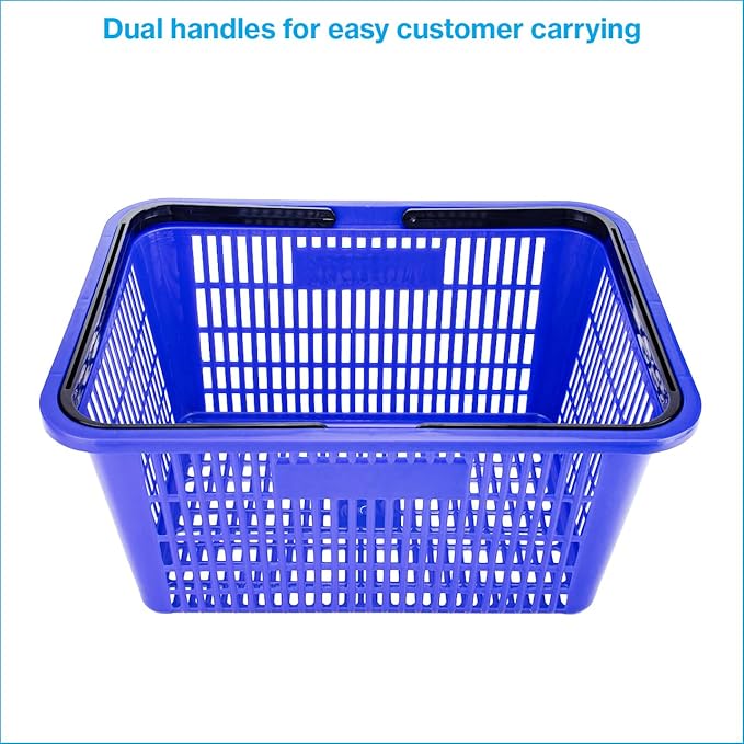 SSWBasics Blue Plastic Shopping Basket with Handles - Essential Shopping Baskets for Retail Store Use, Durable and Convenient Shopping Baskets for Customers
