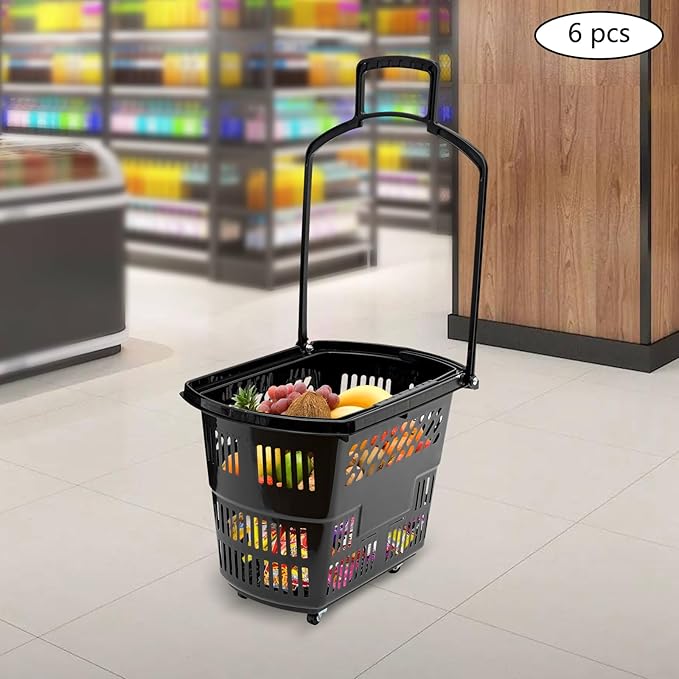 6PCS 35L Rolling Shopping Baskets with Wheels Portable Grocery Basket Set with Handles Plastic Shopping Cart for Supermarkets, Retail Stores, Bookstores (Black)